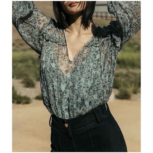 Cleobella Loretta Iris Floral Print Chiffon Puff Sleeve Blouse Women’s Size XS - Picture 3 of 14